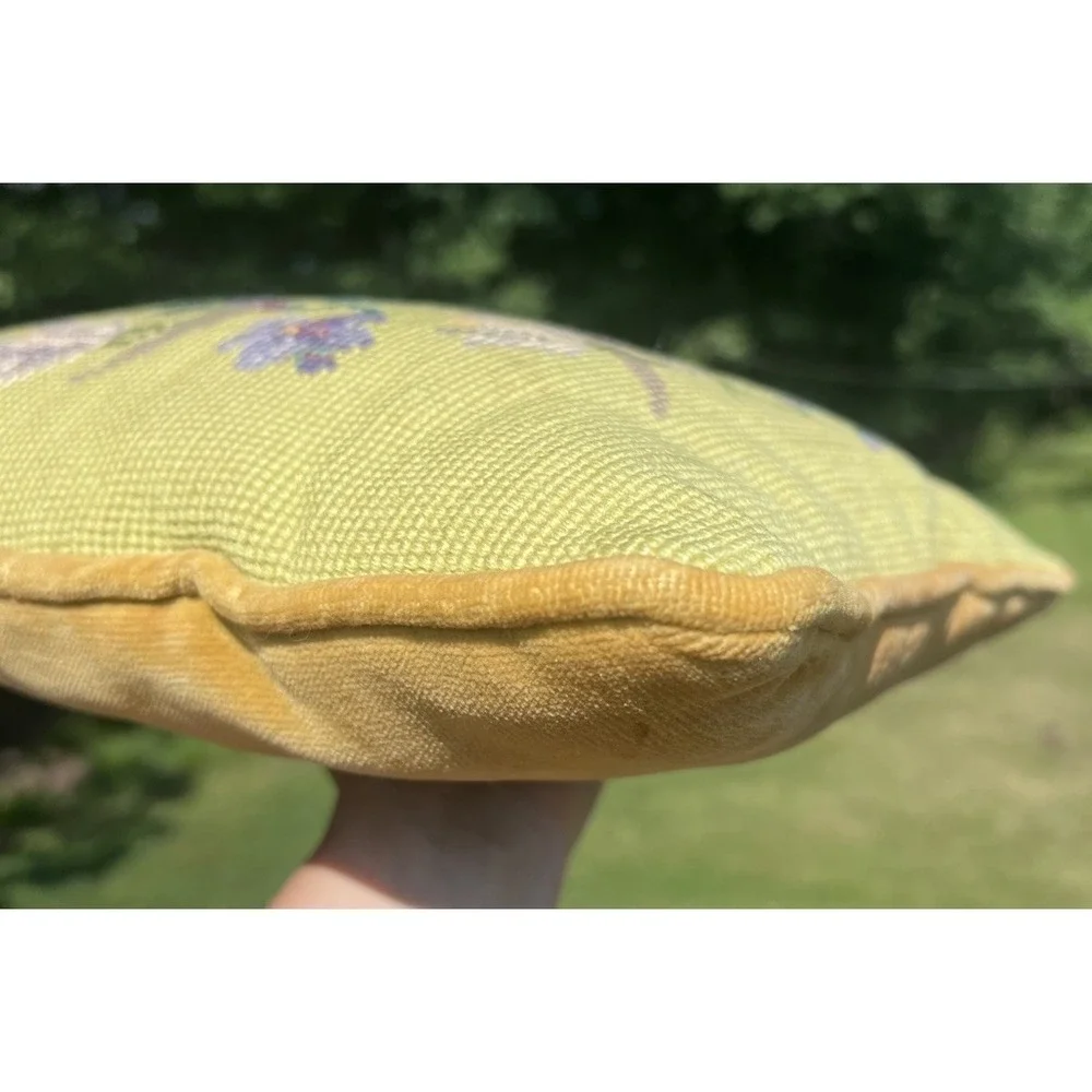 Vintage Hand Needlepoint Pillow Violets Snowdrops Mustard Velvet 12